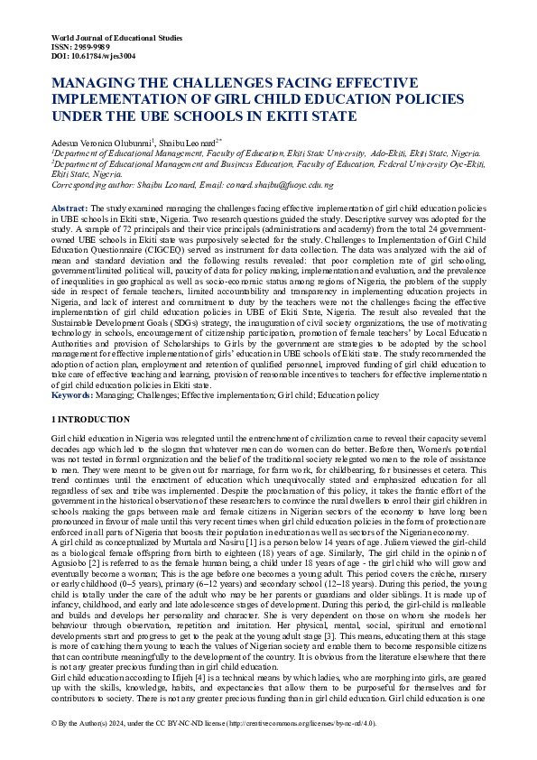 (PDF) MANAGING THE CHALLENGES FACING EFFECTIVE IMPLEMENTATION OF GIRL ...