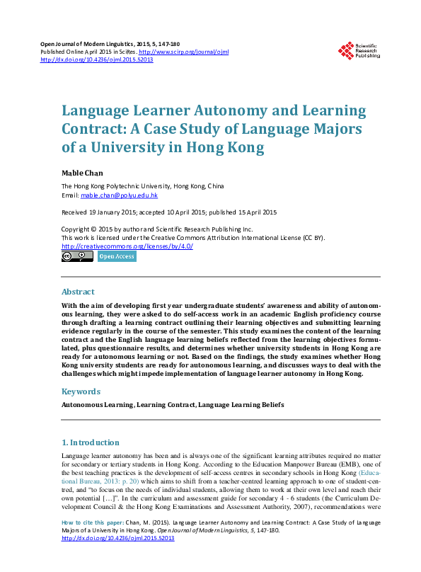 (PDF) Language Learner Autonomy and Learning Contract: A Case Study of ...