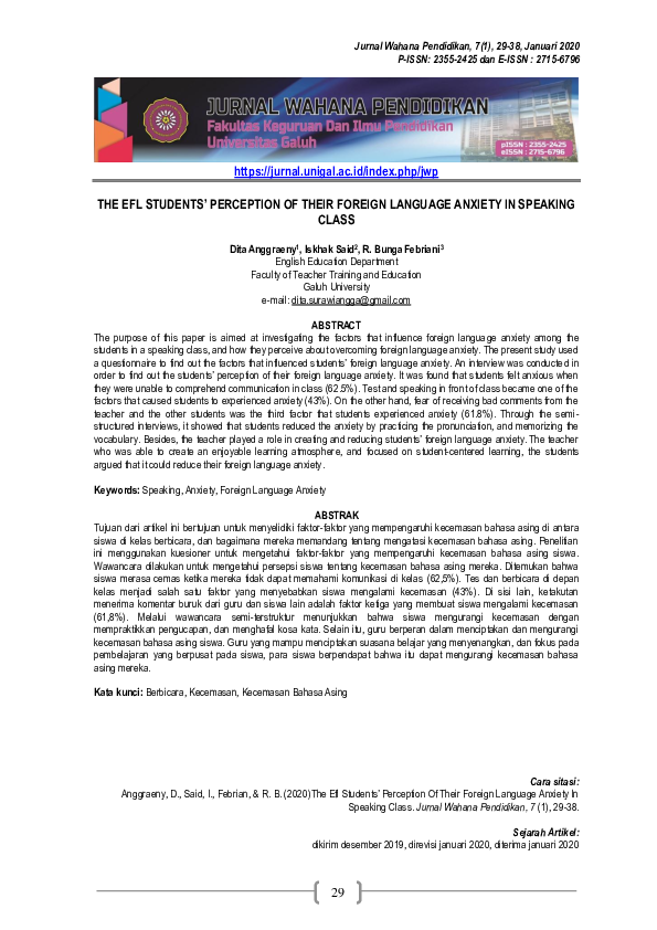 (PDF) The Efl Students’ Perception of Their Foreign Language Anxiety in ...