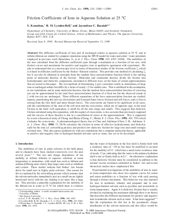 (PDF) Friction Coefficients of Ions in Aqueous Solution at 25 °C