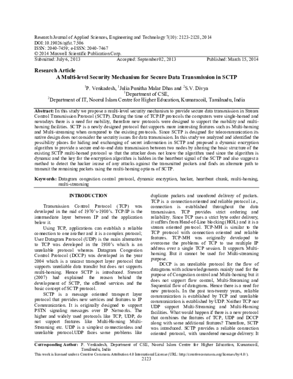 (PDF) A Multi-level Security Mechanism for Secure Data Transmission in SCTP