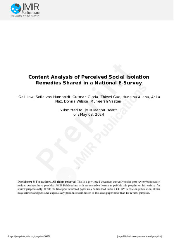 (PDF) Content Analysis of Perceived Social Isolation Remedies Shared in ...