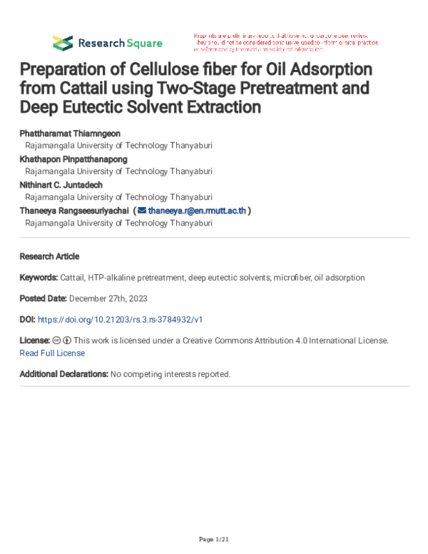 (PDF) Preparation of Cellulose fiber for Oil Adsorption from Cattail ...