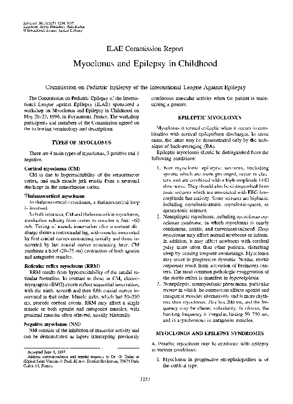 (PDF) Myoclonus and Epilepsy in Childhood