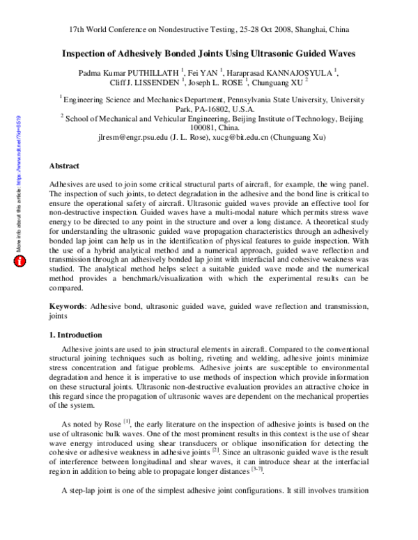 (PDF) Inspection of Adhesively Bonded Joints Using Ultrasonic Guided Waves
