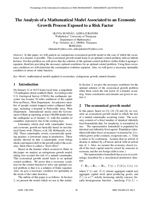 (PDF) The Analysis of a Mathematical Model Associated to an Economic ...