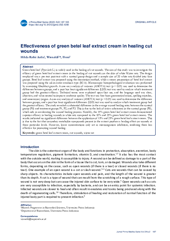(PDF) Effectiveness of green betel leaf extract cream in healing cut wounds