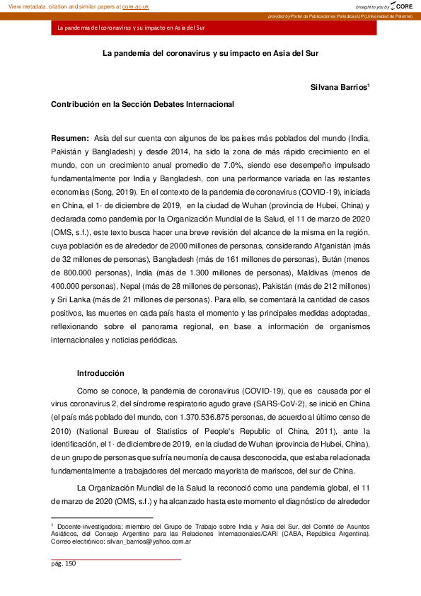 (PDF) La pandemia del coronavirus y su impacto en Asia del Sur ...