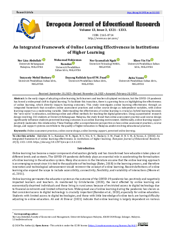 (PDF) An Integrated Framework of Online Learning Effectiveness in ...