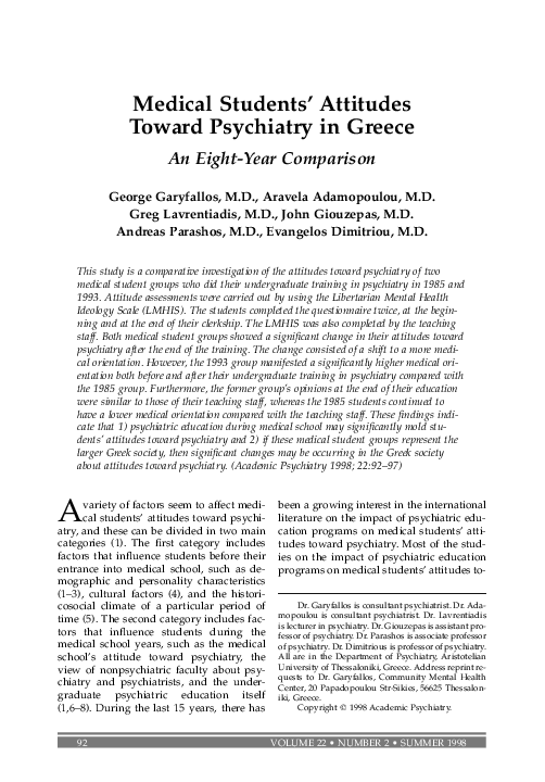 (PDF) Medical Students' Attitudes Toward Psychiatry and Mental Disorders