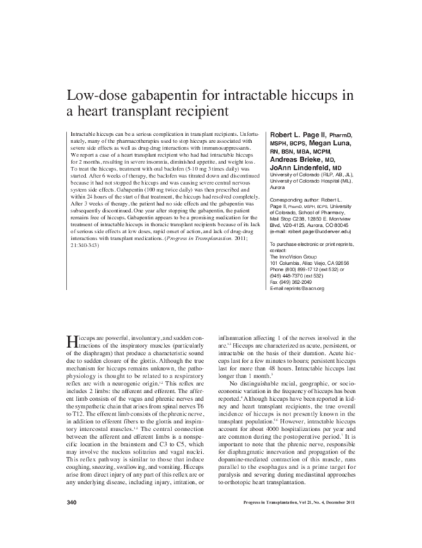 (PDF) Low-dose gabapentin for intractable hiccups in a heart transplant ...