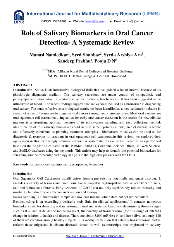 (PDF) Role of Salivary Biomarkers in Oral Cancer Detection- A ...