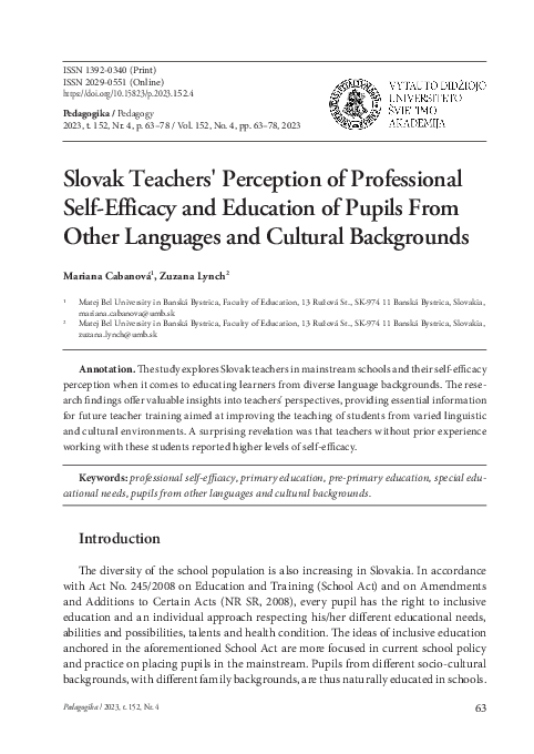 (PDF) Slovak Teachers' Perception of Professional Self-Efficacy and ...