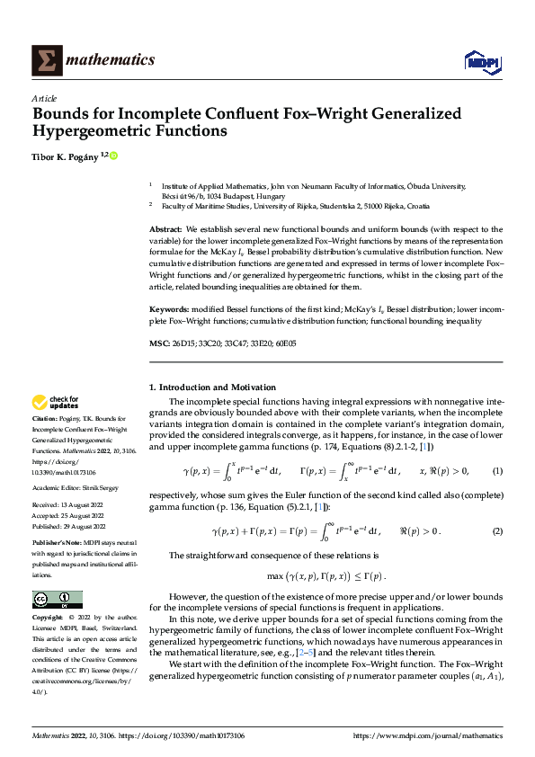 (PDF) Bounds for Incomplete Confluent Fox–Wright Generalized ...