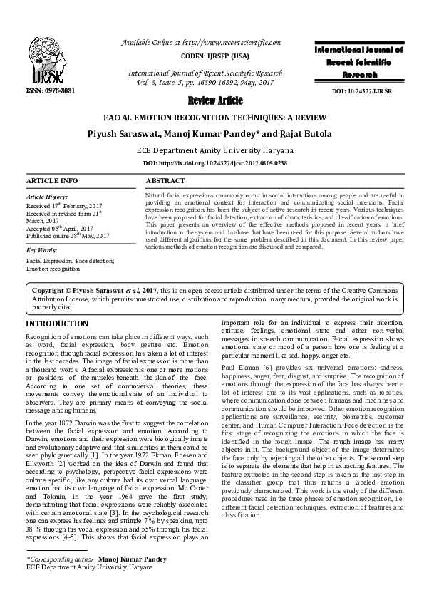(PDF) Facial emotion recognition techniques: a review