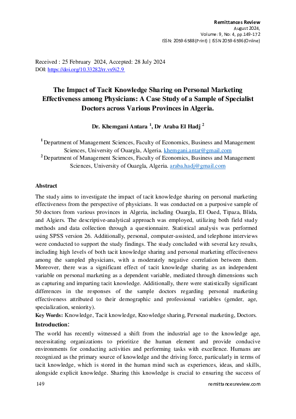 (PDF) The Impact of Tacit Knowledge Sharing on Personal Marketing ...