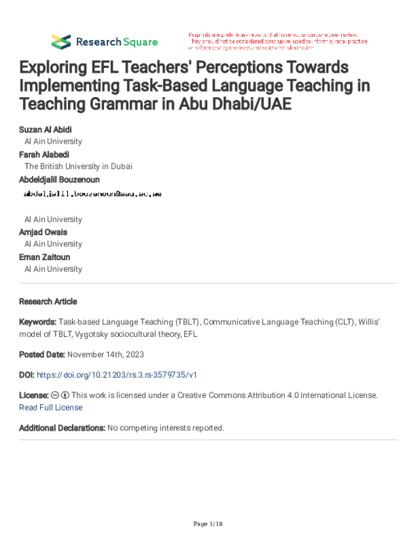 (PDF) Exploring EFL Teachers' Perceptions Towards Implementing Task ...