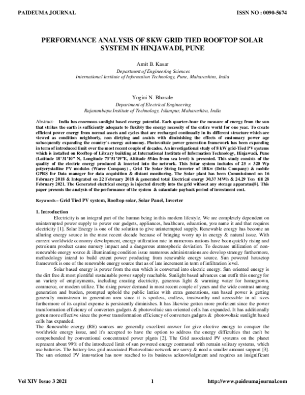 (PDF) PERFORMANCE ANALYSIS OF 8KW GRID TIED ROOFTOP SOLAR SYSTEM IN ...