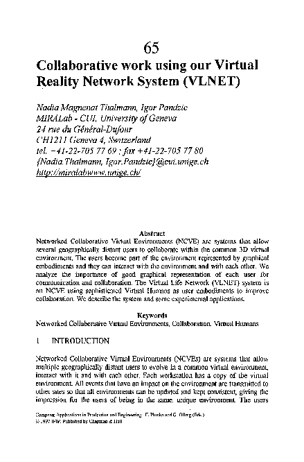 (PDF) Collaborative work using our Virtual Reality Network System (VLNET)