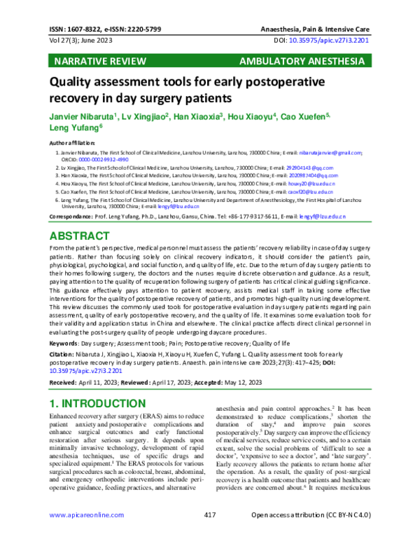 (PDF) Early postoperative recovery quality assessment tools for day ...