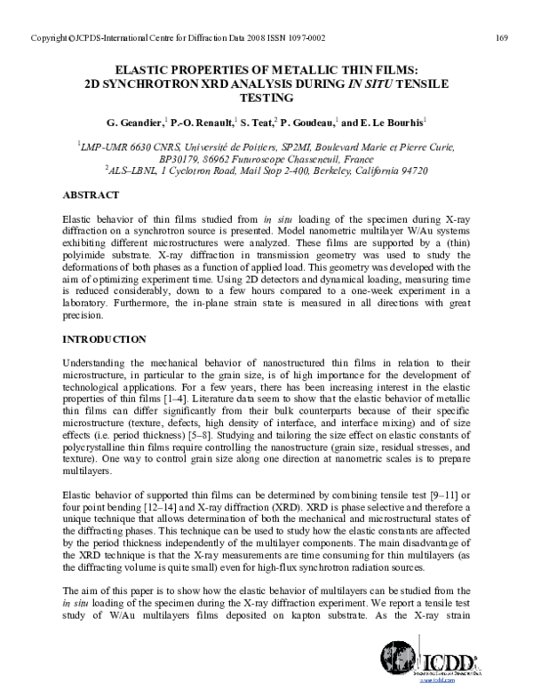 (PDF) D-77 Elastic Properties of Metallic Thin Films: 2D Synchrotron ...