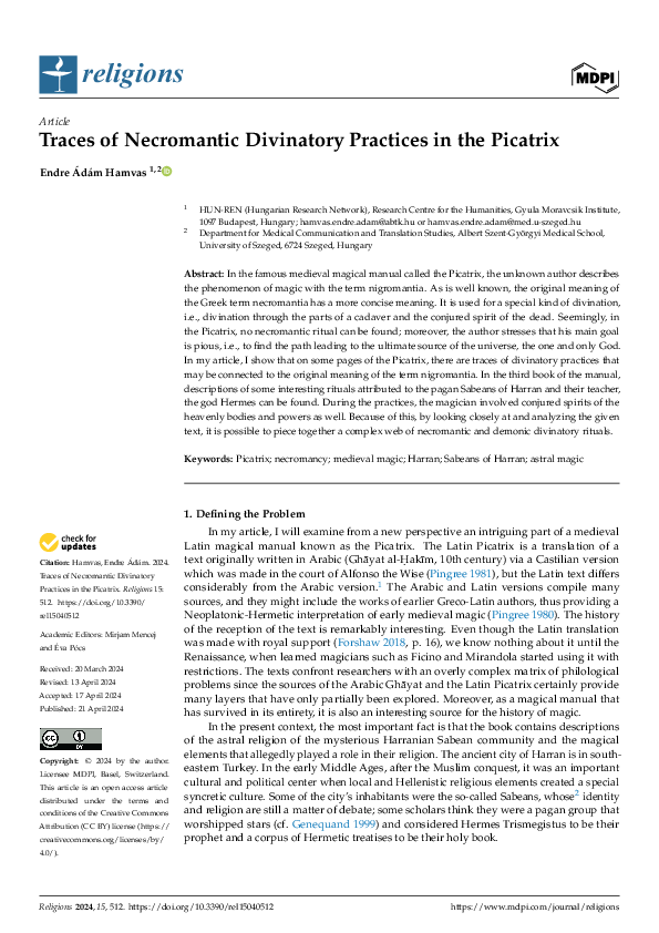 (PDF) Traces of Necromantic Divinatory Practices in the Picatrix