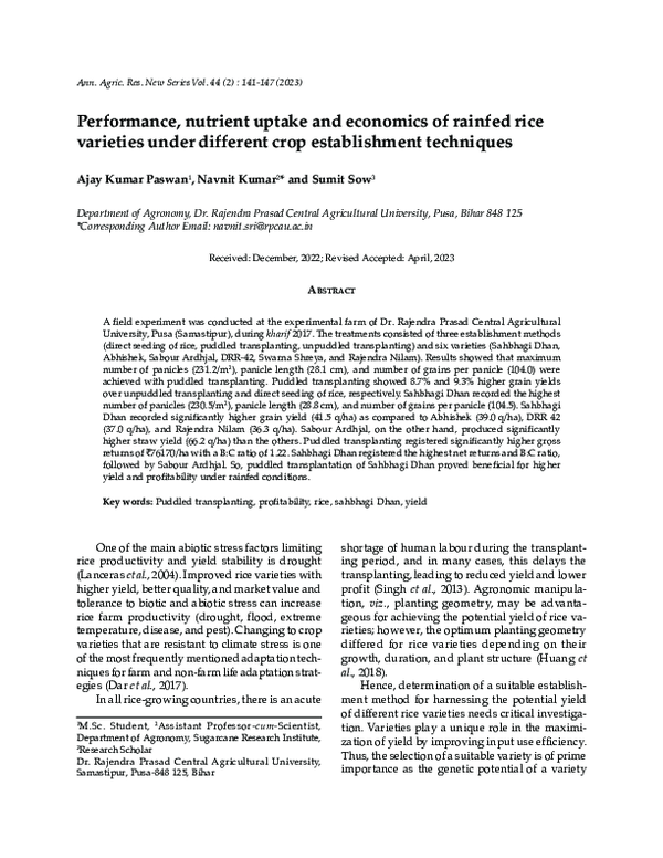 (PDF) Performance, nutrient uptake and economics of rainfed rice ...