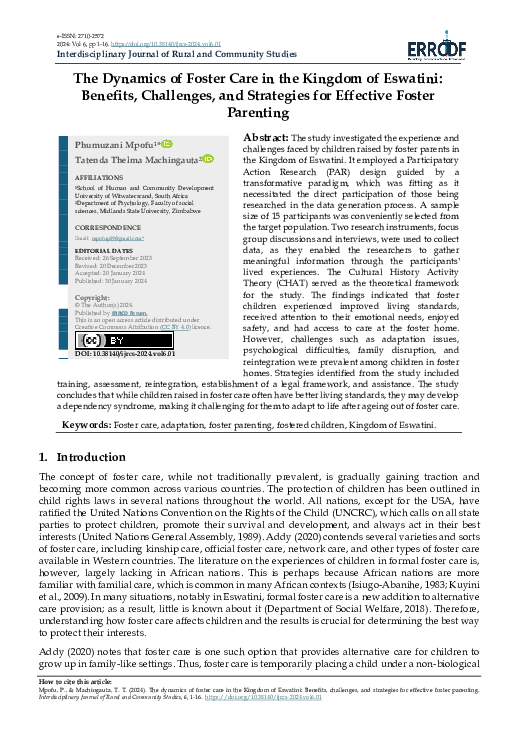 (PDF) The dynamics of foster care in the Kingdom of Eswatini: Benefits ...