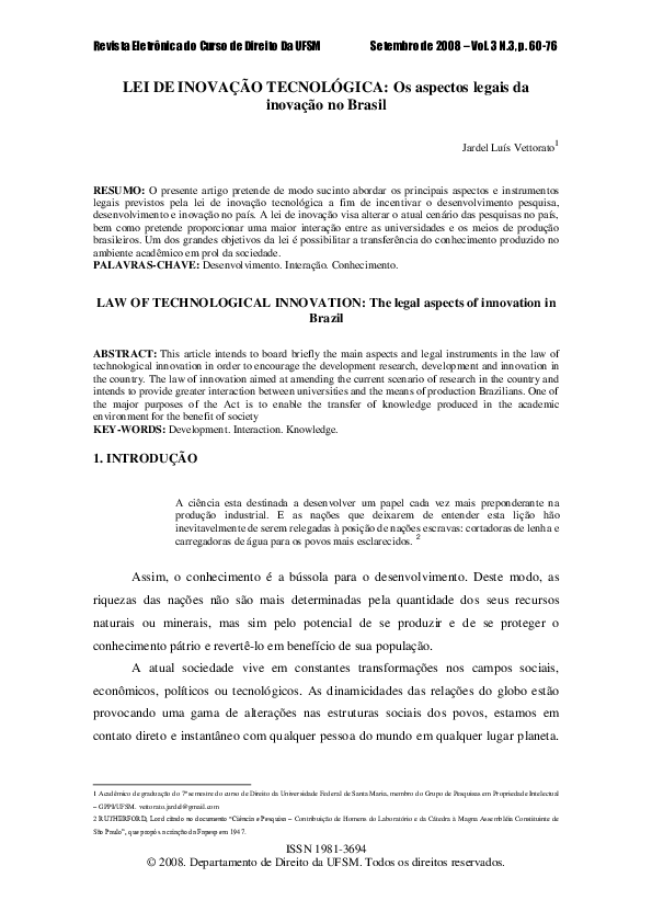 (PDF) LEI DE INOVAÇÃO TECNOLÓGICA: Os aspectos legais da inovação no Brasil
