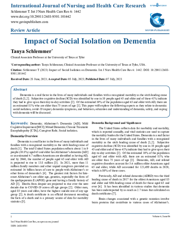 (PDF) Impact of Social Isolation on Dementia