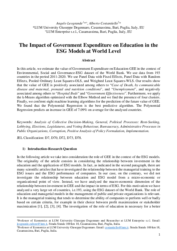 (PDF) The Impact of Government Expenditure on Education in the ESG ...