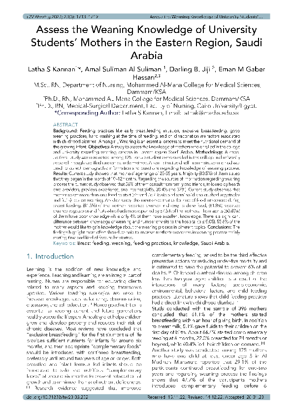 (PDF) . 2023-02. Assess the Weaning Knowledge of University Students