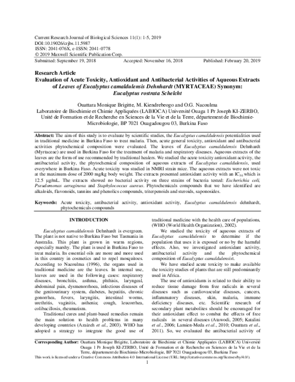(PDF) Evaluation of Acute Toxicity, Antioxidant and Antibacterial