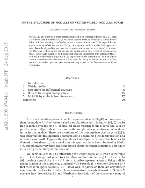 (PDF) On the structure of modules of vector-valued modular forms