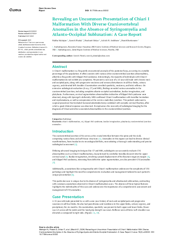 (PDF) Revealing an Uncommon Presentation of Chiari I Malformation With ...