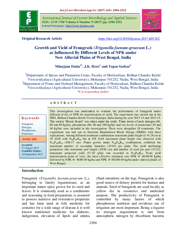 (PDF) Growth and Yield of Fenugreek (Trigonella foenum-graecum L.) as ...