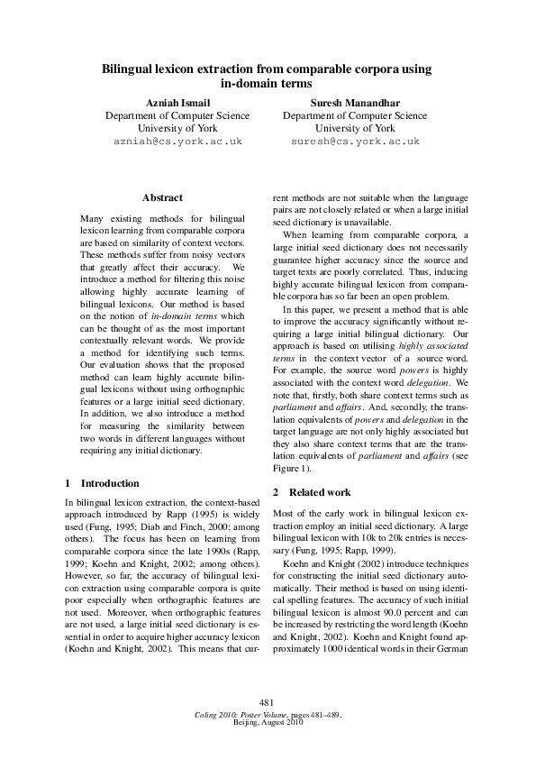 (PDF) Bilingual lexicon extraction from comparable corpora using in ...