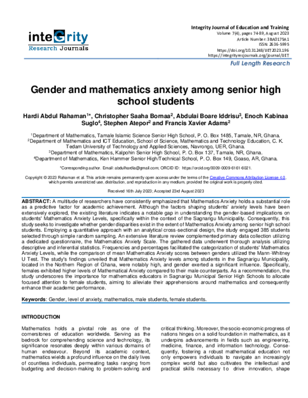 (PDF) Gender and mathematics anxiety among senior high school students