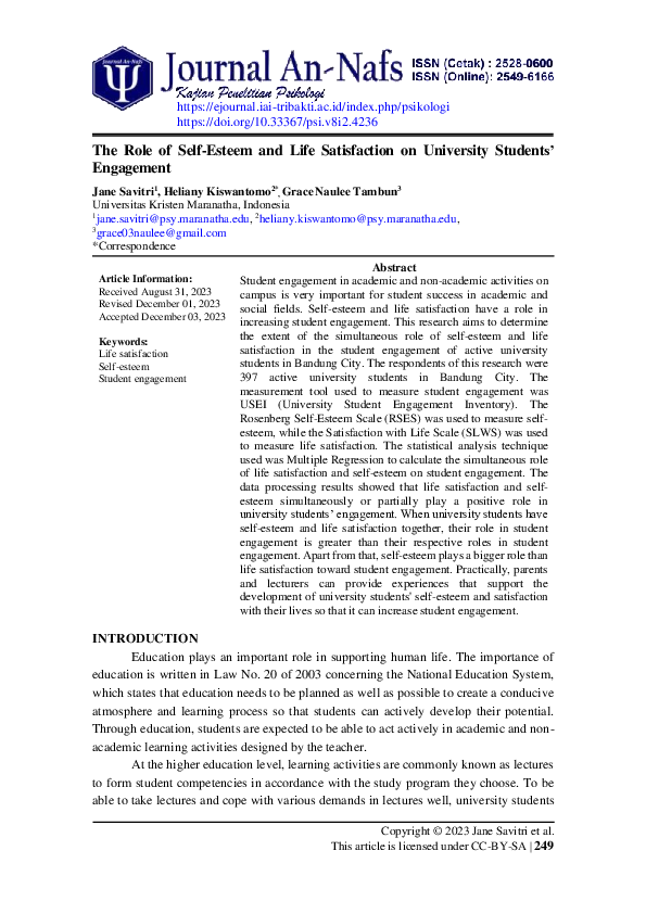 (PDF) The Role of Self-Esteem and Life Satisfaction on University ...