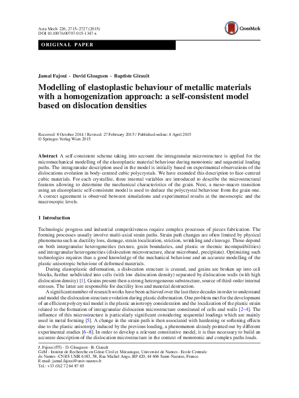 (PDF) Modelling of elastoplastic behaviour of metallic materials with a ...
