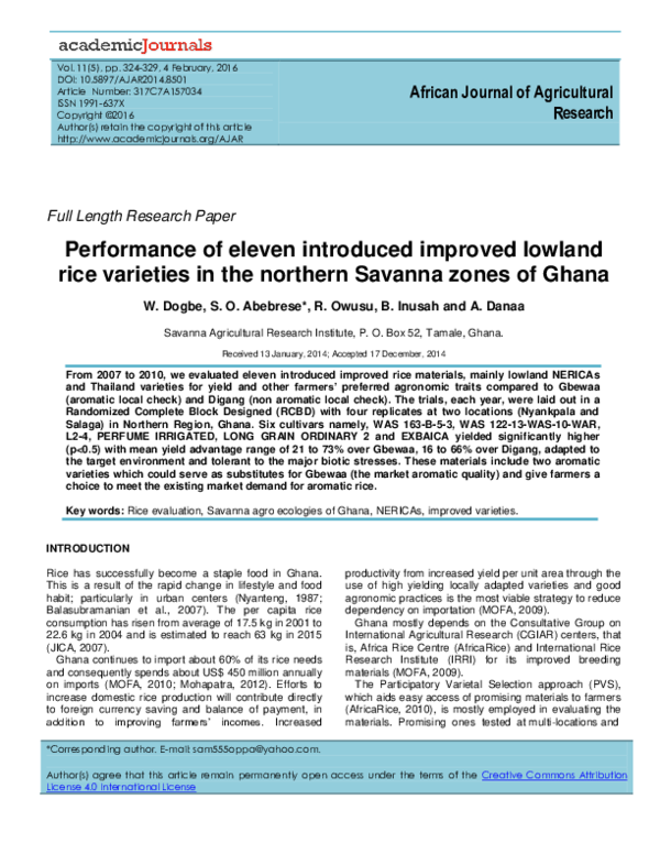 (PDF) Performance of eleven introduced improved lowland rice varieties ...