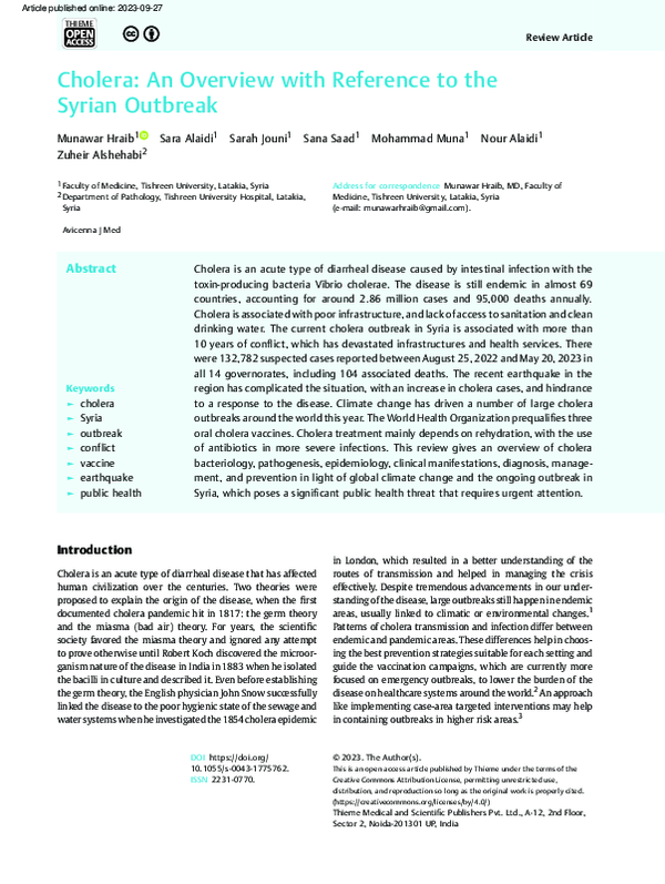 (PDF) Cholera: An Overview with Reference to the Syrian Outbreak