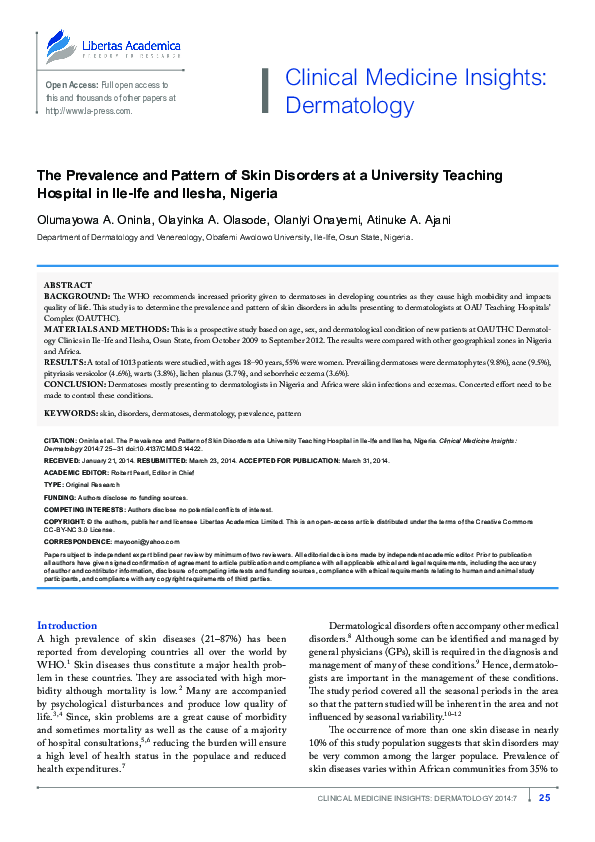 (PDF) The Prevalence and Pattern of Skin Disorders at a University ...