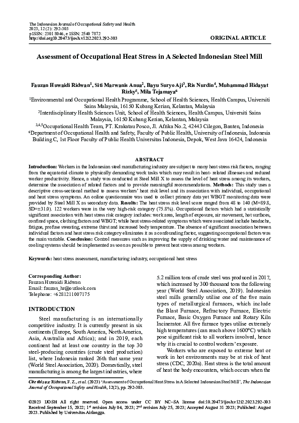 (PDF) Assessment of Occupational Heat Stress in A Selected Indonesian ...