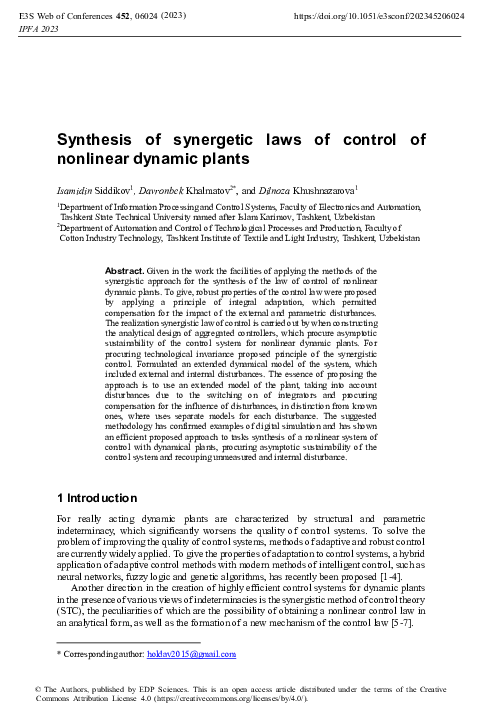 (PDF) Synthesis of synergetic laws of control of nonlinear dynamic plants