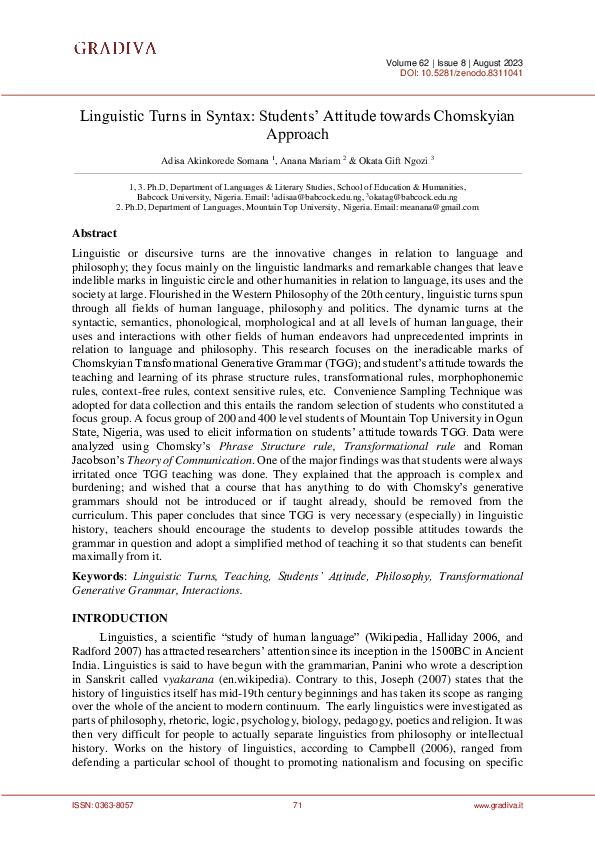 (PDF) Linguistic Turns in Syntax: Students' Attitude towards Chomskyian ...