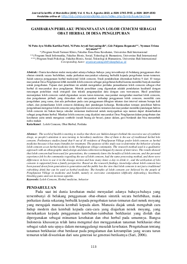 Pdf Gambaran Perilaku Pemanfaatan Loloh Cemcem Sebagai Obat Herbal Di