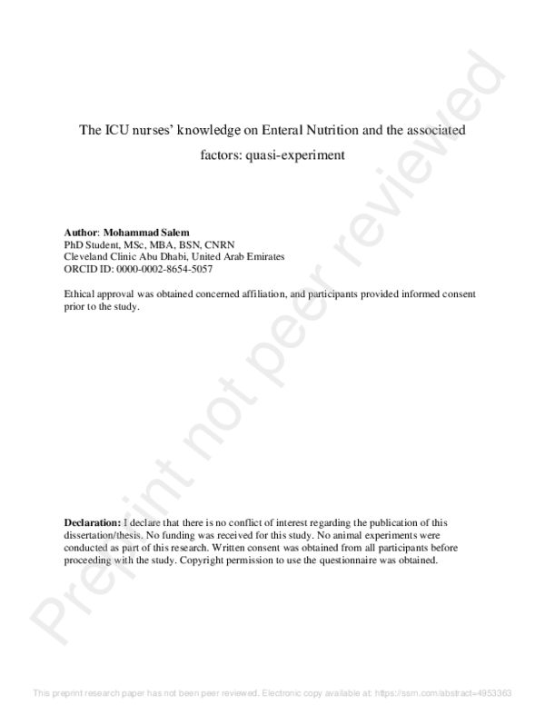 (PDF) The ICU nurses’ knowledge on Enteral Nutrition and the associated ...