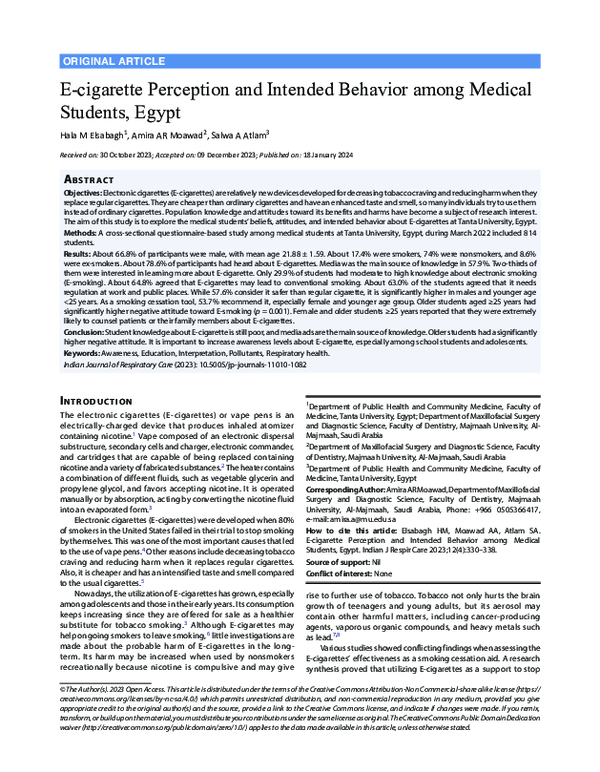 PDF) E-cigarette Perception and Intended Behavior among Medical Students,  Egypt