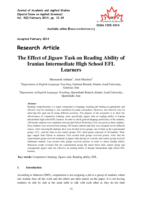 (PDF) The Effect of Jigsaw Task on Reading Ability of Iranian ...
